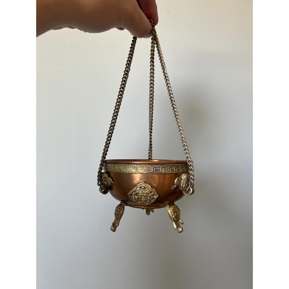 Vintage Hanging Copper Footed Incense Bowl with Ornate Detail